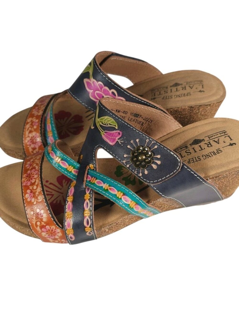 L' ARTISTE Swan Sandals Boho Floral Wedge Heel Leather EU 40 - US 9